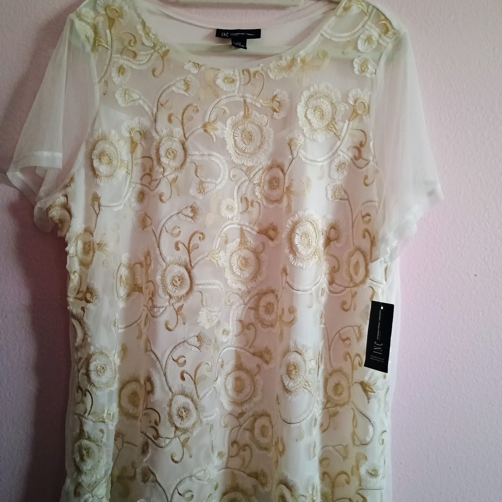 INC International Concepts Cream Short Sleeve Embellished Blouse